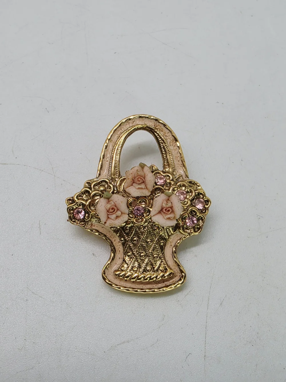 Vintage 1928 Jewelry Pink Porcelain Rose Flower Basket Bouquet Brooch Crystal